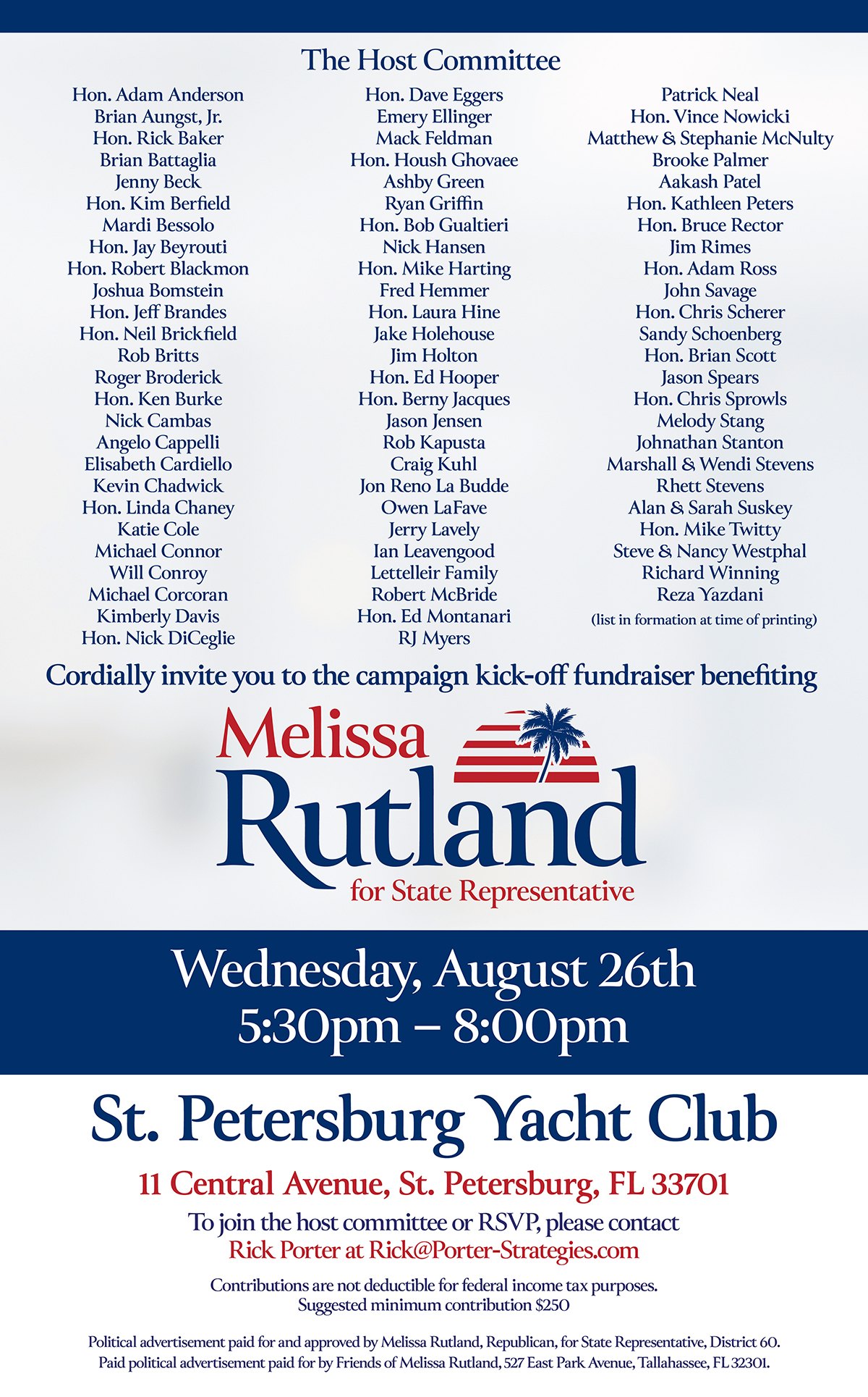 Melissa Rutland Campaign Kick-Off Fundraiser invitation — Wednesday, August 26th, St. Petersburg Yacht Club